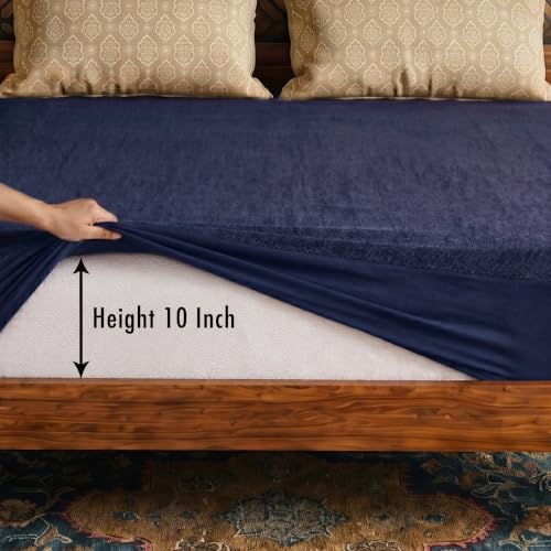 Image of Lithara Terry Cotton Fitted Mattress Protector for Queen /Double Bed | Waterproof & Elastic Band | Ultra Soft & Hypoallergenic Mattress Cover | Size : 66 x 72 Inches (5.5 x 6 Feet) | (Navy Blue)