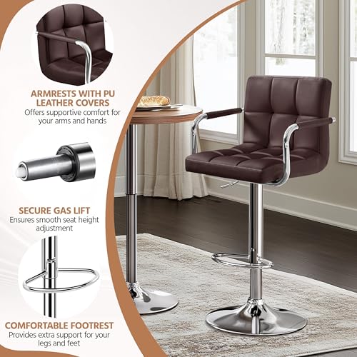 Image of Yaheetech Bar Stools Set of 4, Swivel with Backs, Adjustable Height, Brown