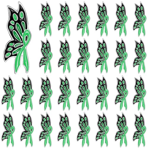 DTOFOOT 36Pcs Green Ribbon Butterfly Enamel Pins Mental Health Awareness Lapel Pins Bulk Green Ribbon Brooch Hope Love for Mental Health Support Statement