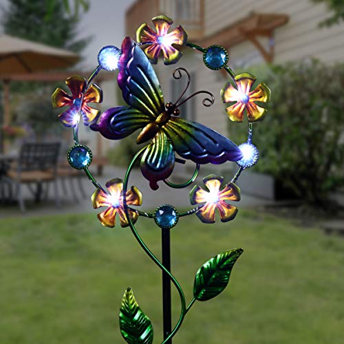 Exhart Butterfly Solar Garden Stake w/Flower Wreath â€“ Butterfly Garden Stake w/ 10 Solar Powered LED Lights â€“ Hand Painted Metal Garden Butterfly Lights for Yard DÃ©cor, 8.5â€ L x 3.5â€ W x 37â€ H