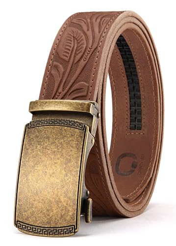 Image of Chaoren Leather Ratchet Belt 2 Pack Dress with Click Sliding Buckle 1 3 /8 inch in Gift Set Box - Adjustable Trim to Fit