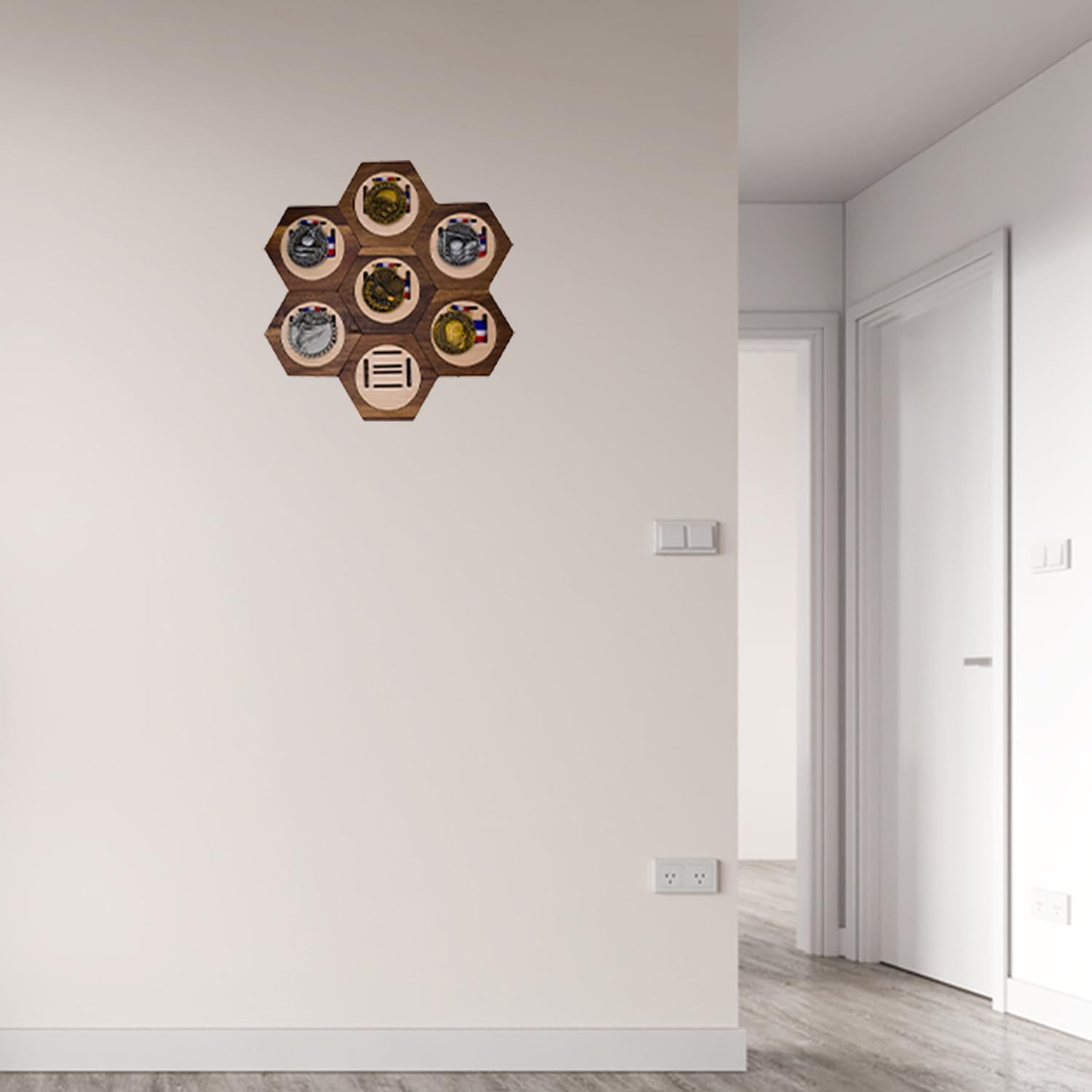 Medal Display Hanger Rack Wooden Decoration Hexagon Honeycomb Medal Storage Case, Upgrade the Magnet for Sports Medals, Track & Field, Military, Spartan, Races, Running, Marathons (Acacia, 7pc)