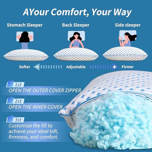 Image of Queen Pillows Set of 2, Cooling Shredded Memory Foam Pillows