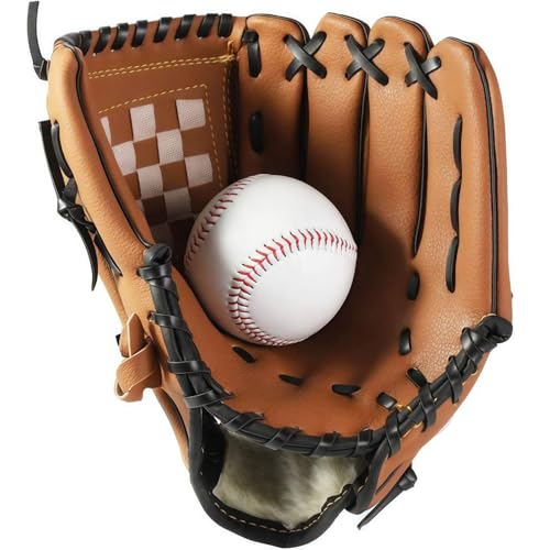 Wonninek Baseball Glove Soft Sports Batting Gloves with Baseball PU Leather Adjustable and Comfortable Right Hand Throw Left Hand Glove (Brown 10.5 inch)