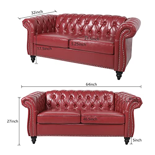 Image of ORRD Chesterfield Loveseat, Modern Leather Sofa Tufted Couch 2 Seater with Rolled Arms and Nailhead for Living Room, Bedroom, Office, Apartment (Burgundy)
