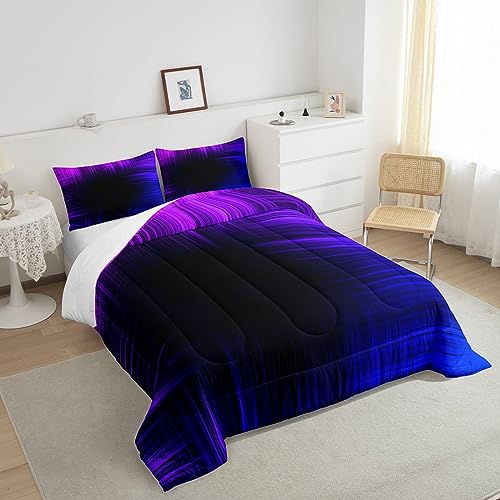 Image of Feelyou Blue and Purple Striped Bedding Set Queen, Geometric Artistic Smear Comforter for Kids Boys Girls Ombre Gradient Lines Comforter Set Abstract Graffiti Art Duvet Set with 2 Pillow Case