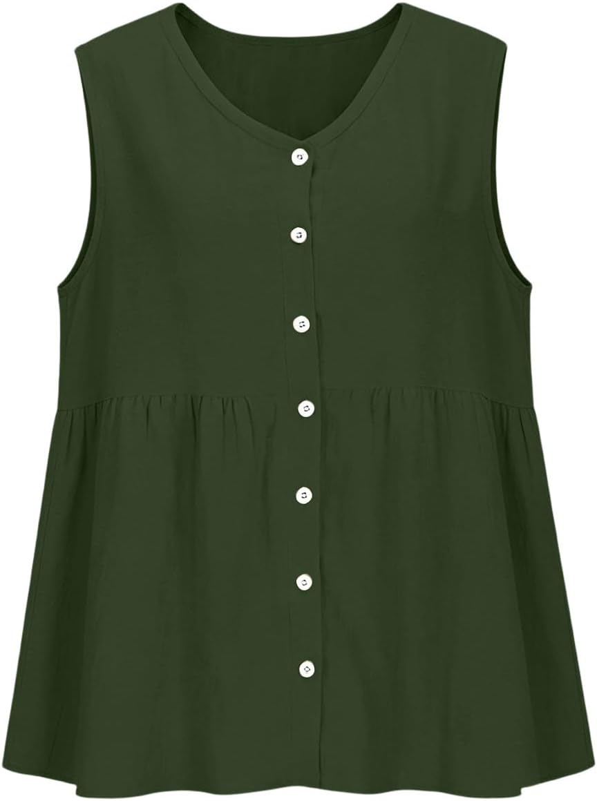 Women's Sleeveless Cotton Linen Tank Top V Neck Button Front Casual Cami Blouse Loose Fit Summer Tops for Daily Wear
