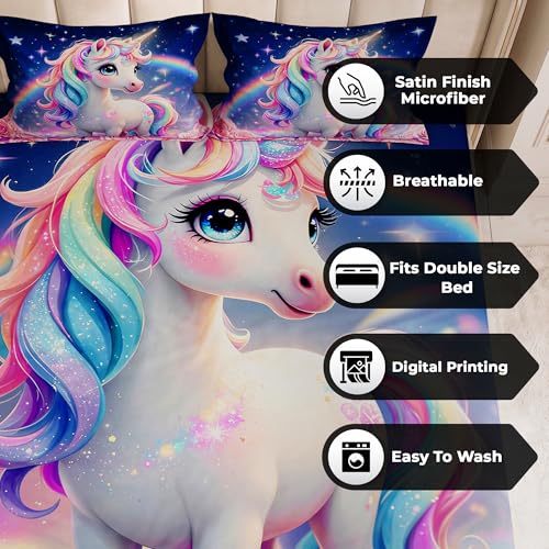 Image of 240 TC Cotton Double Bedsheet for King Bed (225x250 Cm) | 7D Digital Printed Double Bedsheet with 2 Pillow Covers | Soft, Wrinkle Packaging - Unicorn