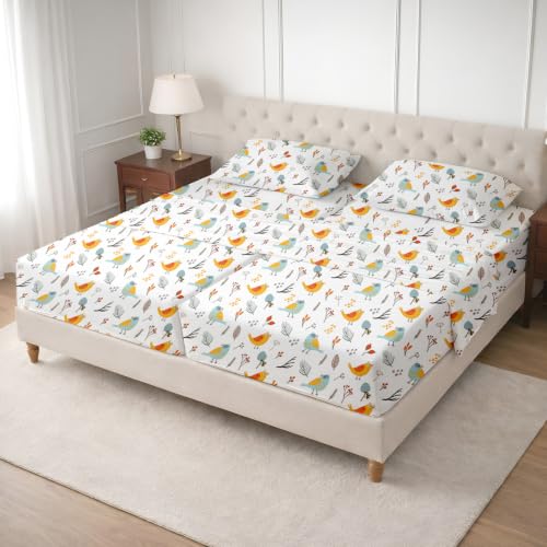 Image of SGI Split King Sheet Set for Adjustable Bed Egyptian Premium Cotton 600 Thread Count Sheets for Sleep Number Bed 15 inch Deep Pocket 5 Pc Set with 2 Twin XL Fitted Sheets Soft Breathable - Spring Bird