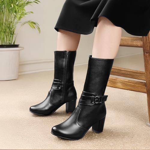 Image of BXXY Women's 3.2 Inch High Heels Stylish Ankle Zipper Boots with Trendiest Buckle Closure