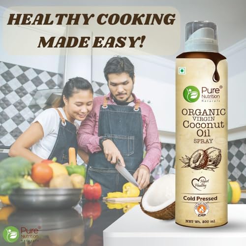Image of Pure Nutrition Organic Extra Virgin Coconut Oil Spray - 200ml | 100% Pure, Edible & Cold Pressed | Ideal for Cooking, Baking & Salad Dressing | Non-GMO, Zero Cholesterol | Easy-to-Use Spray for Skin & Hair Care