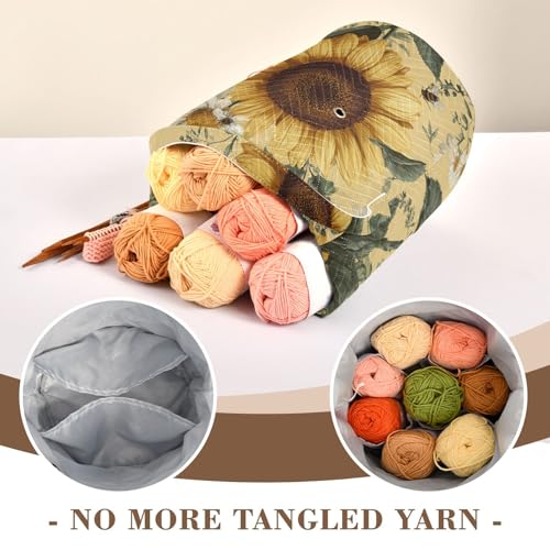 Image of Tatenale Crochet Bag Yarn Bag Knitting Project Bag with Pockets and Handle Portable Yarn Storage Organizer Tangle Free 8.3x11 InchYellow Sunflowers and Daisies09