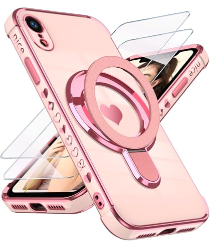Liufcx for iPhone XR 6.1' Love Heart Kickstand Case with 2X Screen Protector: Luxury Plated Gold Edge Slim Soft TPU Shockproof Protection Case Cover for iPhone XR (Pink)