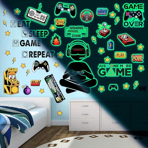 Stickers Muraux Fluorescent Gamer Autocollants Muraux Lumineux Gamer Stickers Muraux de Jeux Vidéo Sticker Phosphorescent Autocollant Lumineux Gaming Enfant...