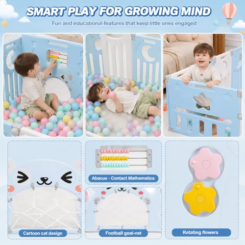 Image of 16 Panel Playpen for Babies Upto 5 Year Foldable Baby Kids Fence Playard Playpen with Mat & Balls Activity Play Yard for Kids Play Area Indoor Setup Fence for Toddlers Outdoor Playarea with Gate(Blue, 6 * 5ft=30sqft)