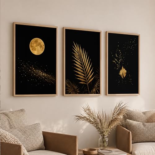 Image of TheMakerly Set of 3 Moon & Golden Palm Leaf Wall Art Paintings for Living Room | Modern Luxury Black Gold Wall Decor | Framed Wall Paintings for Bedroom, Hall, Office & Home Decoration (10x13 Inches)