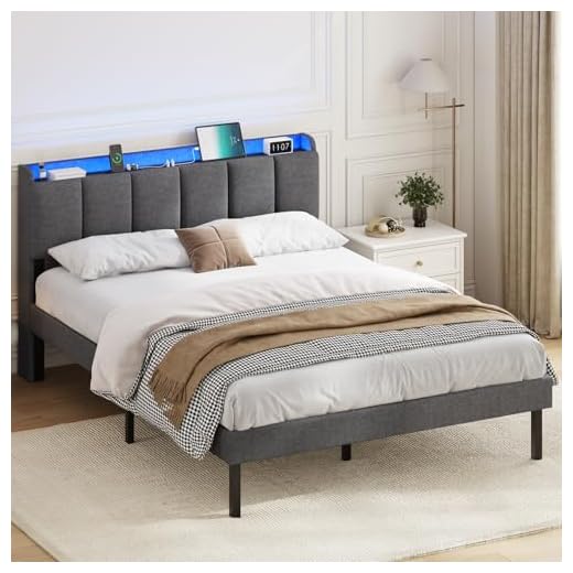 AOGLLATI Lit 2 Personnes 140 * 190 CM, Lit Rembourré avec LED et 2 Ports USB, Espace de Rangement, Sommier à Lattes, Tête de Lit Capitonnée, Lit Moderne pour Adultes et Adolescents (140 x 190 cm)