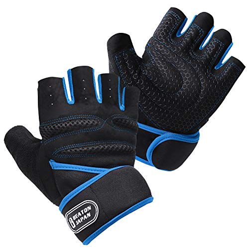 BEATONJAPAN グローブ トレーニング 筋トレ ウェイト 4色 リストラップ付 ジム (ブルー, L)