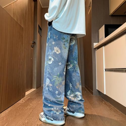 Men's Floral Print Jeans Y2K Street Baggy Denim Pants Casual Straight Loose Jeans with Pockets4