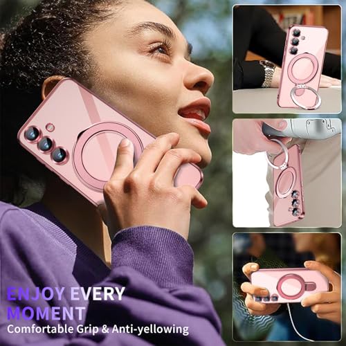 Image of Magnetic Stand & Full Camera Lens Protector Case for Samsung Galaxy S24 [Compatible with MagSafe][Military Drop Protective] Not Yellowing Clear Slim Soft S24 Phone Case for Women Men,Pink