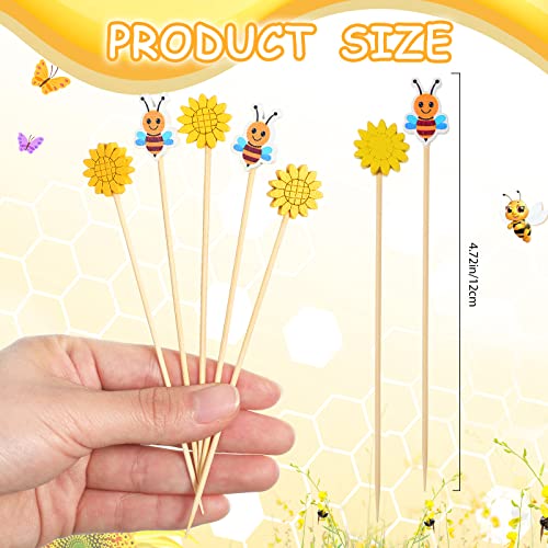 Sunflower Bees Cocktail Picks Sunflower Bamboo Toothpicks Appetizer Bamboo Toothpicks Bumblebee Bee Cocktail Picks For Bee Party Food Decoration (100 Pieces) #TOP1