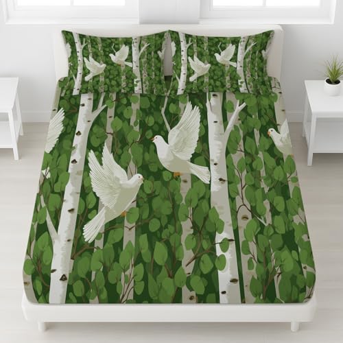Sábana bajera ajustable individual vintage elegante con bolsillo elástico extra profundo, suave, sábanas de pájaros botánicos (90 x 190 x 30 pulgadas, paloma de abedul)