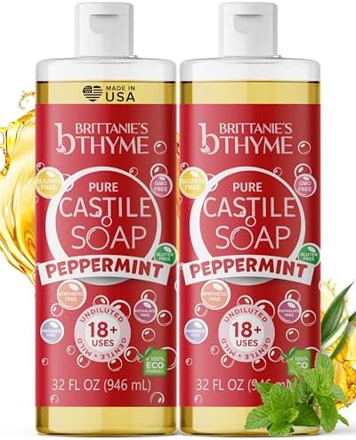 Brittanie's Pure Castile Liquid Soap Peppermint - 2 Pack (32 oz each) | Natural, Organic, Multipurpose Soap for Body, Face, Home &amp; Pets | Vegan, Sulfate Free Made in USA