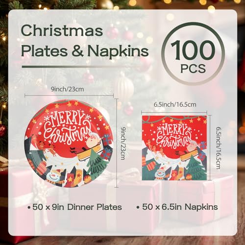 100 PCS Christmas Paper Plates and Napkins, Red Merry Christmas Santa Claus 9 Inch Party Paper Plates and Napkins, Disposable Tableware Set, Serve for 50 Guests – Image 2