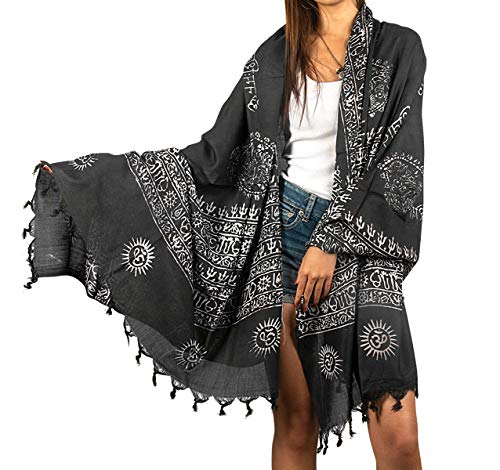 Tribe Azure Fair Trade Large Scarf Wrap Yoga Cotton Mix Soft Hand Printed Mantra Prayer Boho Bohemian Yoga Yellow White Black & Blue (Black)