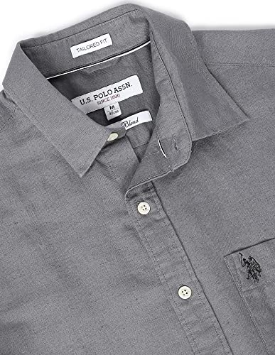 Image of U.S. Polo ASSN. Men's Solid Cotton Linen Tailored Fit Spread Collar Casual Shirt
