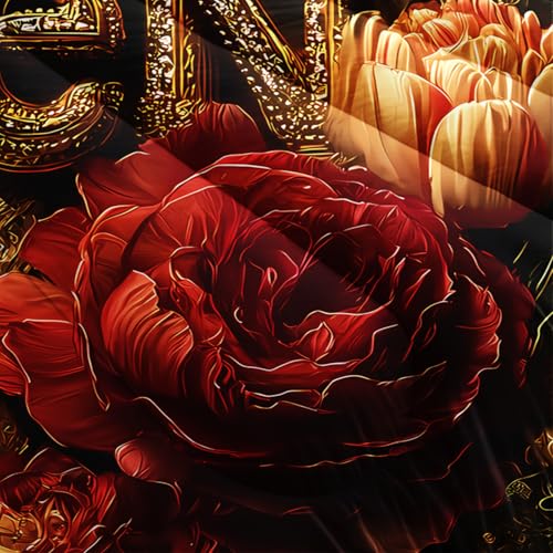Image of King and Queen Comforter Set Black and Gold,King and Queen Bedding Set,Red Floral Quilt Set King Size,with 1 Comforter with 2 Pillow Case
