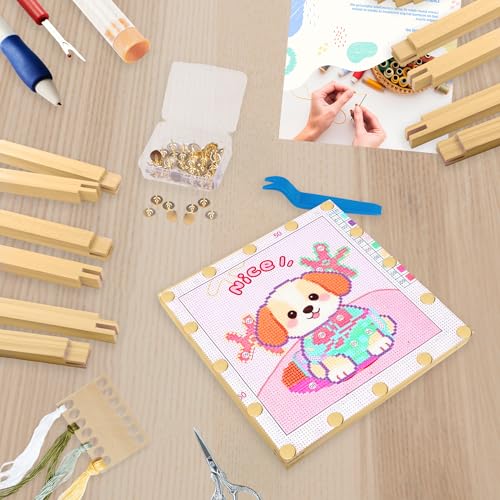 SPRFAIRY 16PCS Needlepoint Stretcher Bars for Needlework 6 8 10 12 Inch Wooden Canvas Stretcher Bars with 50 Thumb Tacks 4 Size Needlepoint Embroidery Stitch Frame Set for Crafts Art