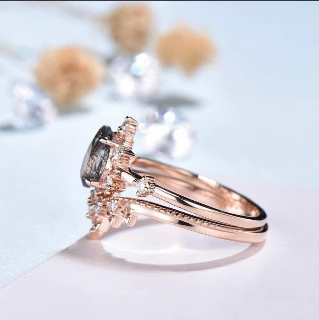 14k Rose Gold Rutilated Quartz Engagement Ring Set Women, Pear Shaped Wedding Ring, Pear Shaped Anniversary Ring Set
