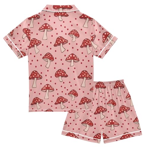 Red Mushroom Pattern Summer Satin Pajama Set, Cute Button-Down Sleepwear Pj Set for Sleep Wears2