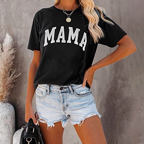 Tomteamell Mama Shirt Womens Short Sleeve Graphic Mom T-Shirts M Black #TOP1