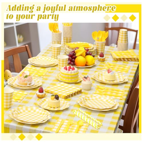 Image of Funnymoom 452 Pcs Yellow Gingham Party Supplies for 50, Yellow and White Gingham Checkered Paper Plates Napkins Cups Tablecloth Cutlery Straws for Birthday Family Picnic Barbecue Party Decoration