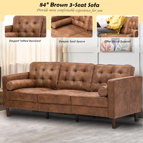 Image of 84 inch Suede Leather Sofa with 2 Soft Pillows, Tufted Modern Sofa with Sturdy Wooden Legs, 3 Seats Couch for Living Room, Office, Bedroom, Brown