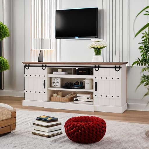 OKD-75-Farmhouse-TV-Stand-for-TVs-Up-to-85-Inches-Large-Rustic-Entertainment-Center-with-Sliding-Barn-Door-Tall-Highboy-Media-Console-Table-with-Storage-Cabinet-for-Living-Room-Antique-White OKD 75 Farmhouse TV Stand for TVs Up to 85 Inches Large Rustic Entertainment Center with Sliding Barn Door Tall Highboy Media Console Table with Storage Cabinet for Living Room Antique White
