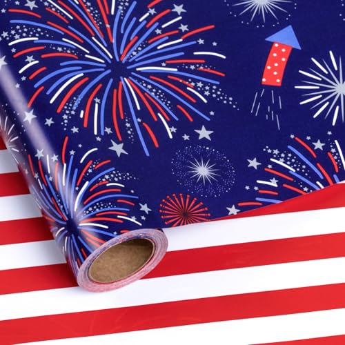 LeZakaa Reversible 4th of July Wrapping Paper Roll Colorful Fireworks in Navy Blue & Red White Patriotic Stripes Design for Independence Day Memorial Day Holiday Mini Roll 17 inches x 16.4 Feet
