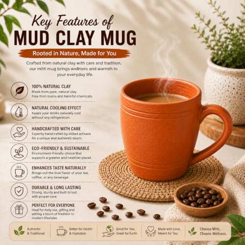 Image of Clay Coffee Mugs Set of 2 with Handle | Handmade Terracotta Tea Cups 375 ml | Natural Earthen Kulhad Mug for Tea, Coffee, Milk & Beverages | Eco-Friendly Mitti Cup Set for Home & Office Use