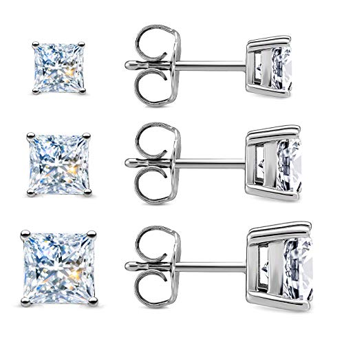 JINEAR Cubic Zirconia Sterling Silver Stud Earrings Set for Women Men 18K Gold Plated Princess Cut Diamond Cartilage Earring Hypoallergenic 20G 3mm-5mm | 3 Pairs