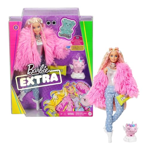 Barbie Extra, Barbie Puppe mit extra langen Haaren, inkl. Barbie Kleidung wie flauschiger Mantel und Barbie Zubehör wie Einhorn Schweinchen, Spielzeug
