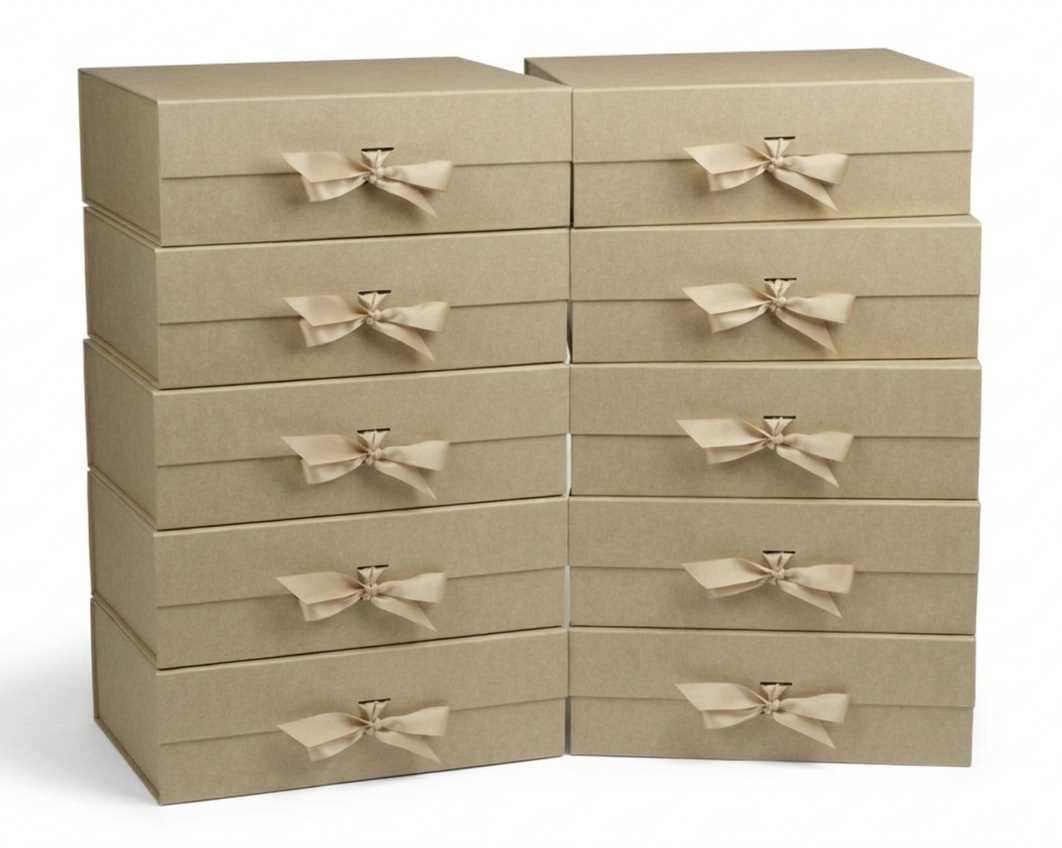 Emartbuy Kraft Flat Pack Magnetic Gift Box with Ribbon – 33 x 25 x 12 cm – Fits Books, Clothing & Mid-Size Gifts – Birthdays Weddings Christmas Corporate Gifting Trade Wholesale – Pack of 10 Boxes — image 1
