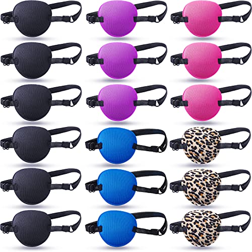 18 Pieces 3D Eye Patch Lazy Pirate Eye Patches Adjustable Single Eye Patch Comfortable Eye Patches for Kids Adults (Black, Dark Blue, Purple, Rose Red, Leopard Color)