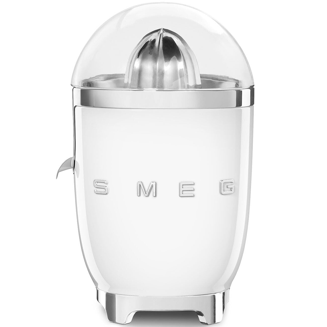 Smeg, Presse Agrumes Électrique CJF11WHEU, Mise en Marche Automatique à Pression, Bec Anti-goutte et Cône Universel, Base Antidérapante, Range Cordon Intégré, 70W, Blanc