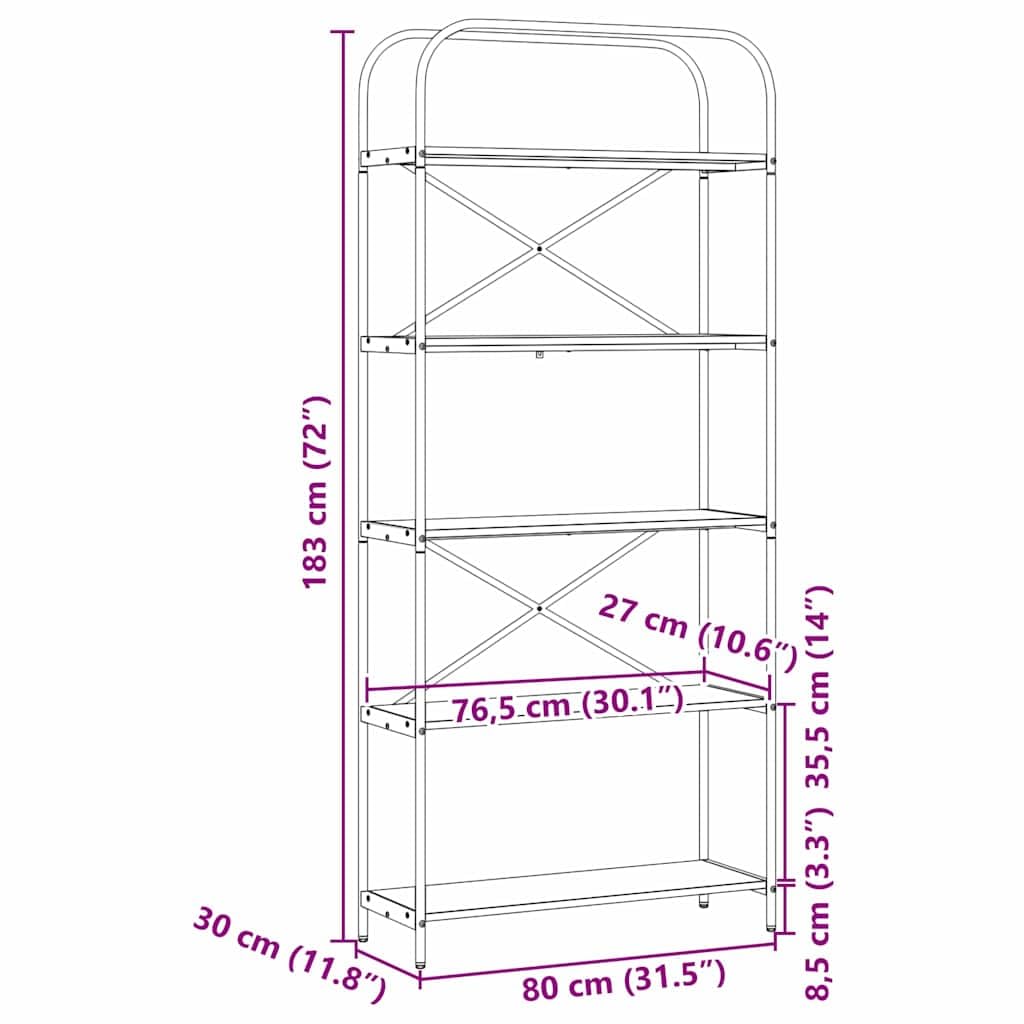 Bücherregal Schwarz Eichen-Optik aus Holzwerkstoff 80 x 30 x 183 cm mit 5 Regalen freistehend für Wohnzimmer Büro Arbeitszimmer platzsparend Stauraum Aktenordner und Deko