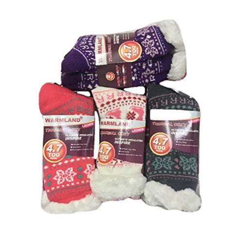 3 PAIRS OF MENS OR LADIES THERMAL EXTREME HOT WINTER WARM THICK SOCKS 4.7 TOG WITH SHERPA FLEECE LINING (4-7 LADIES, DESIGN 51)