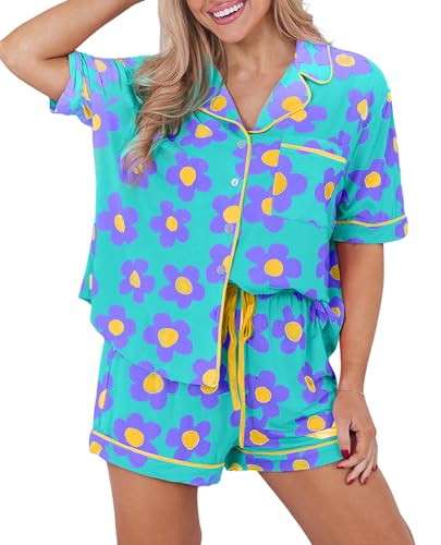 Image of KevaMolly Women Floral Notch Collar 2 Piece Holiday PJ Set | Print Short Sleeve Top, Drawstring Soft Vacation Sleep Shorts