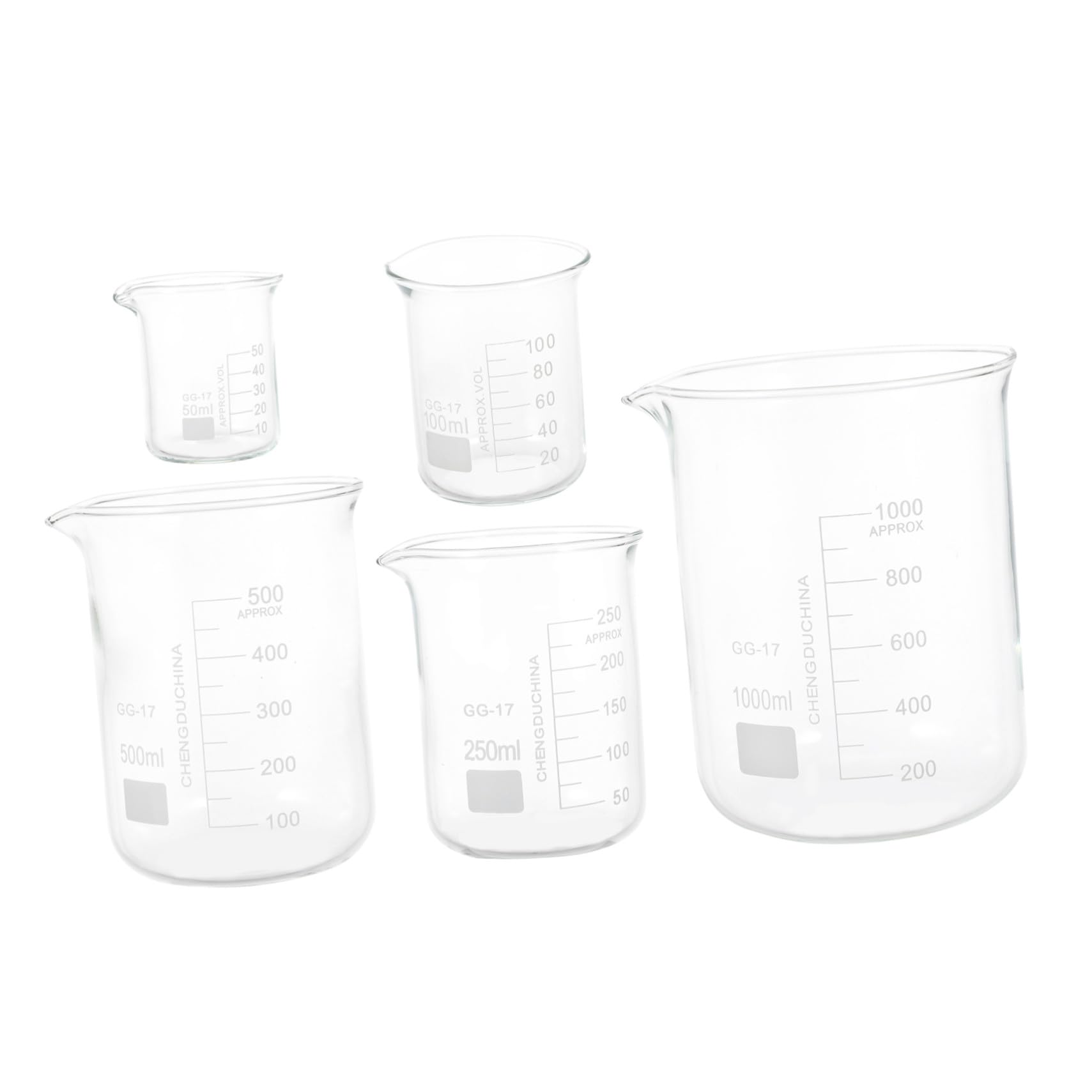 Vasos de Precipitados 5 Piezas de Vidrio Borosilicato Resistentes al Calor (50ml-1000ml) Escala Graduada Transparente y Medición Precisa para Laboratorio