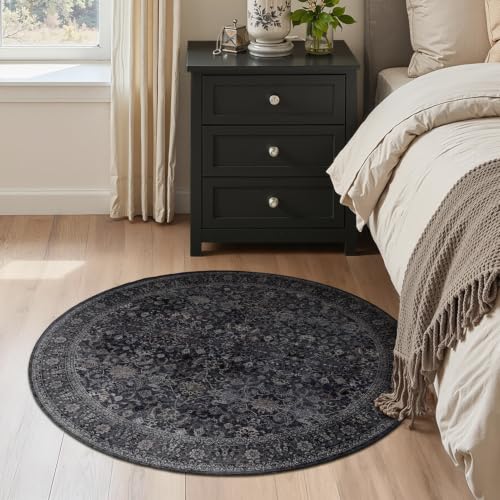 Jainmy Dark 5ft Round Washable Rug, Moody Vintage Farmhouse 5 Feet Circle Rug for Living Room Under Coffee Table, Low Pile Thin Non Slip 5x5 Round Circular Carpet for Dining Room/Bedroom/Entry/Foyer by Jainmy - Used condition - Image 3